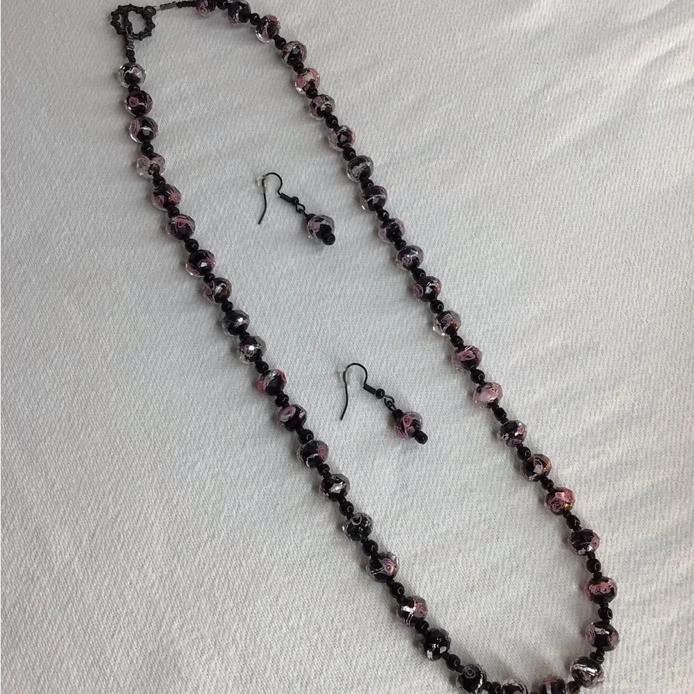 Black and Pink Crystal Necklace & Earring Set
